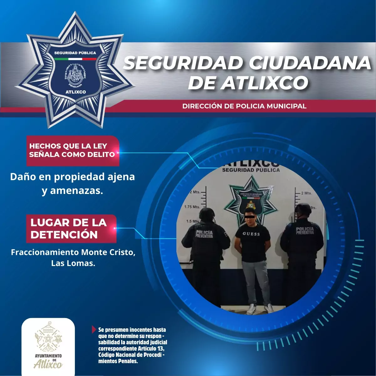 Policía de Atlixco detiene a un hombre por amenazar y agredir físicamente a una mujer en el fraccionamiento Monte Cristo