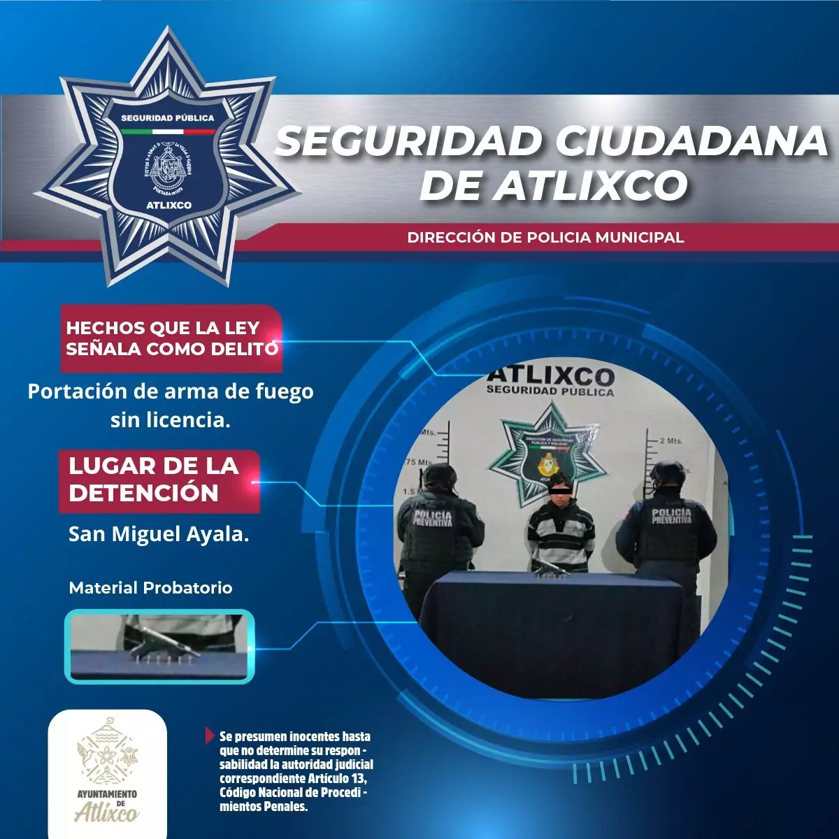 Policía de Atlixco detiene a un hombre por ingerir bebidas alcohólicas en la vía pública