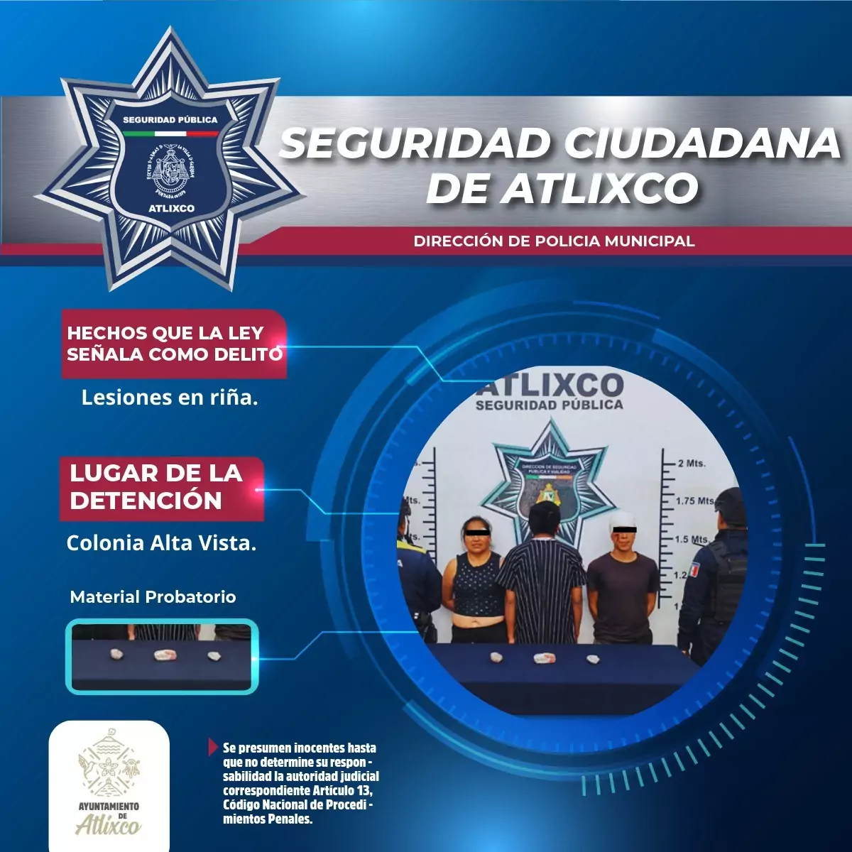 Policía de Atlixco detiene a dos personas tras protagonizar una riña y asegura a un menor de edad