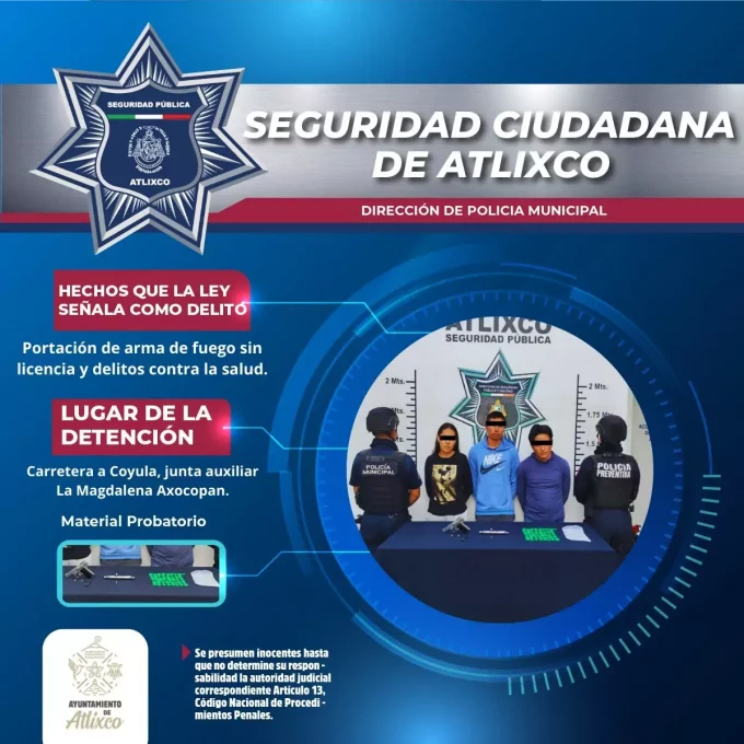 Policía Municipal de Atlixco asegura armas y presunta droga en recorrido preventivo