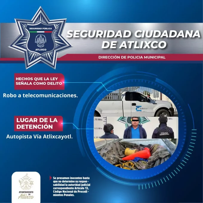Policía de Atlixco detiene a persona y asegura vehículo por extracción ilegal de cable