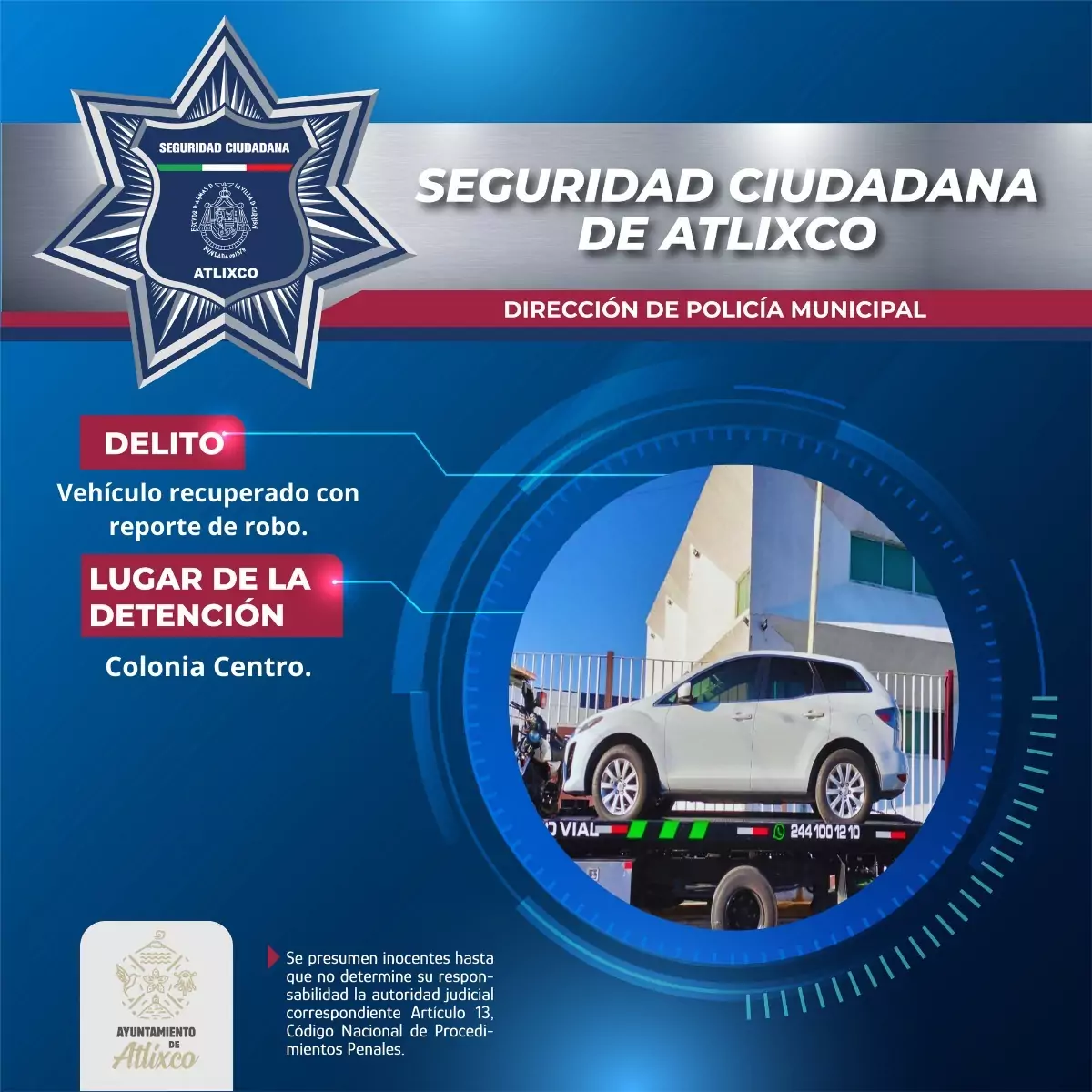 SSC de Atlixco recuperó un vehículo con predenuncia de robo en la colonia Álvaro Obregón