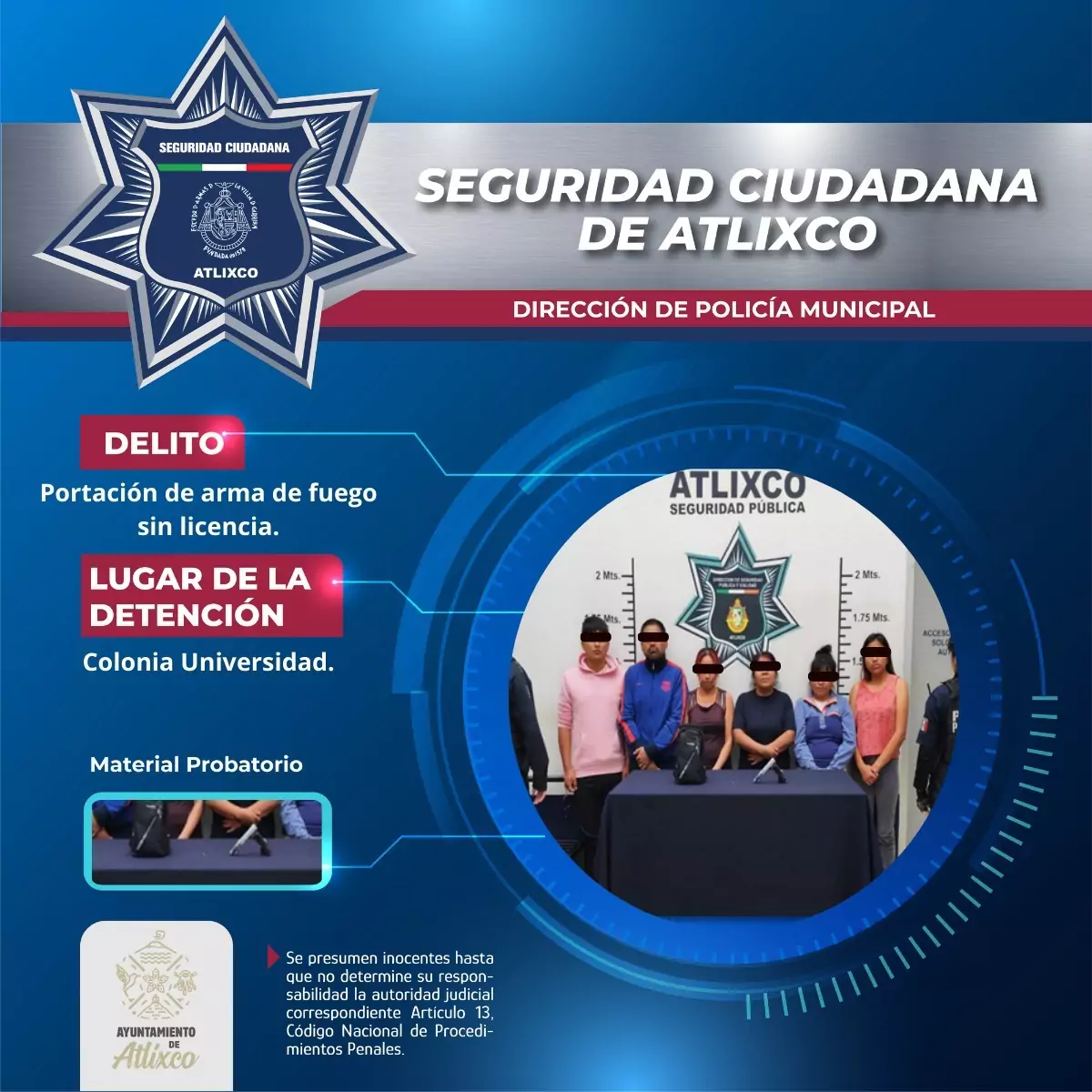 SSC de Atlixco detiene a seis personas por portación ilegal de arma de fuego