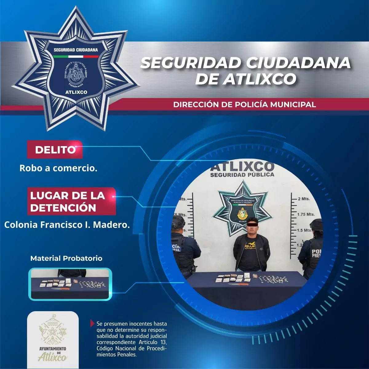 Policía de Atlixco detiene a sujeto por robo a comercio en la colonia Francisco I Madero