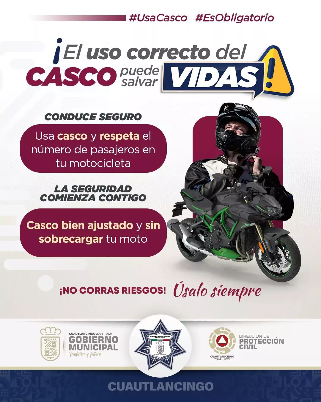 Piden autoridades de Cuautlancingo usar el casco de seguridad a motociclistas