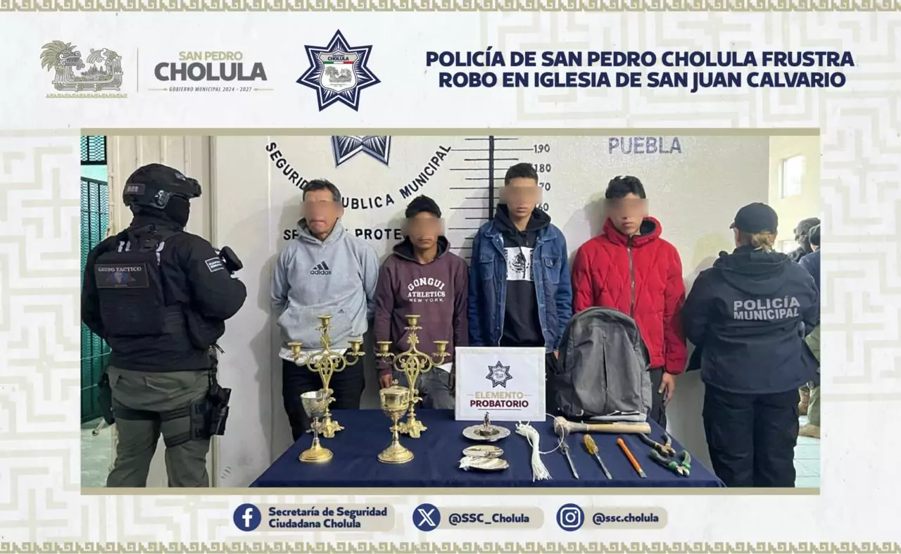 Policia de San Pedro Cholula frustra robo en iglesia de San Juan Calvario y detiene a cuatro presuntos responsables