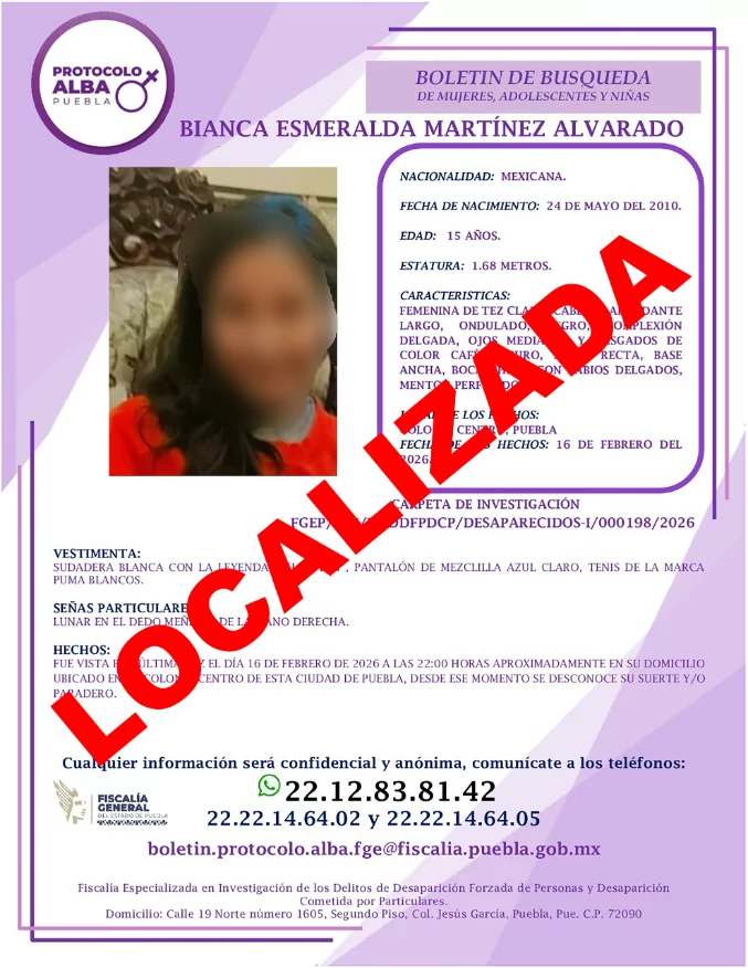 Localizan en Texmelucan a menor que había sido reportada como desaparecida