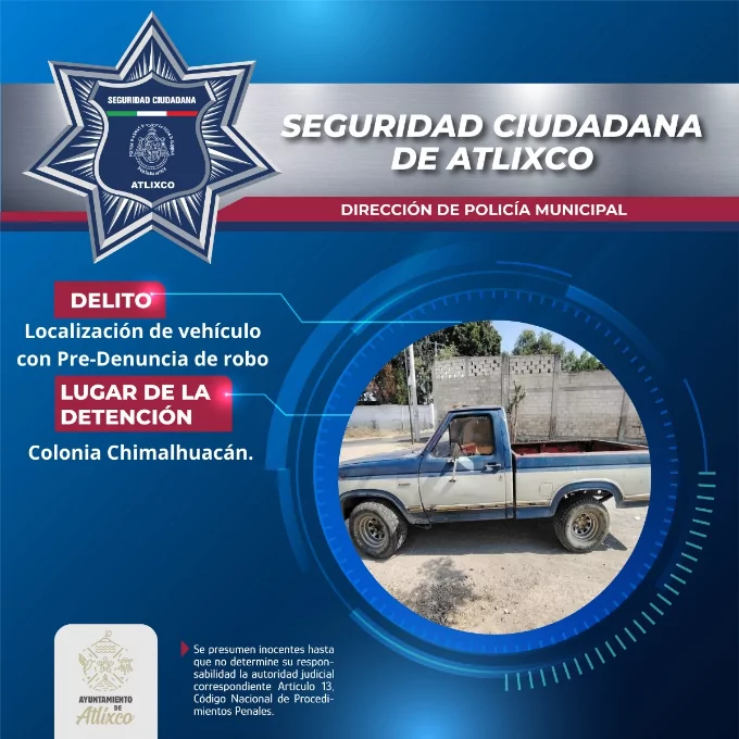 Recuperan en Atlixco una camioneta con reporte previo de robo