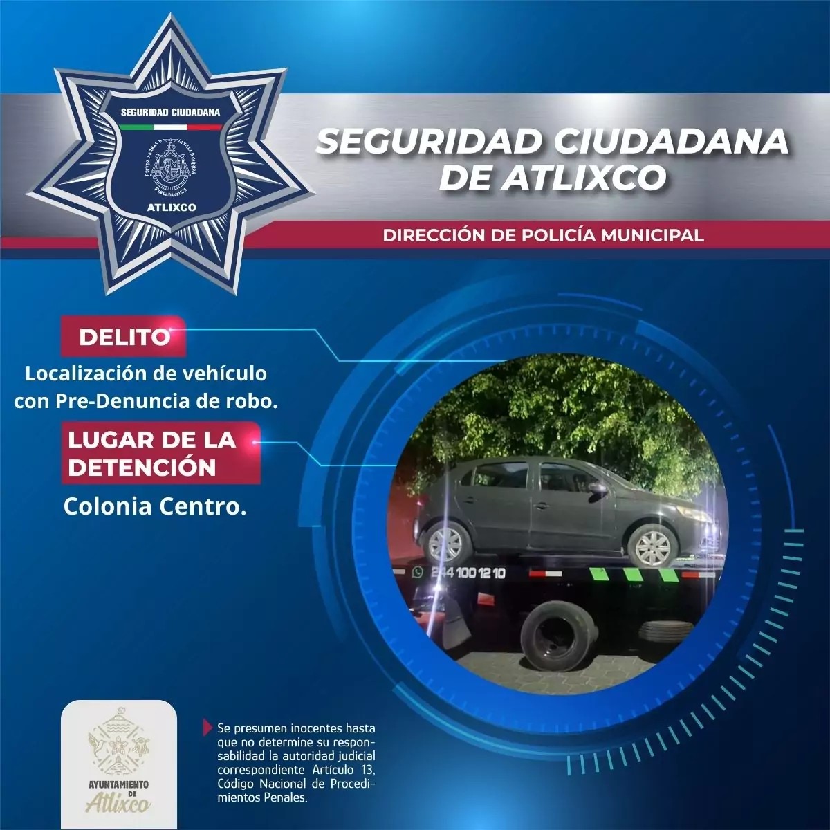 SSC de Atlixco recupera vehículo con predenuncia de robo tras operativo de vigilancia