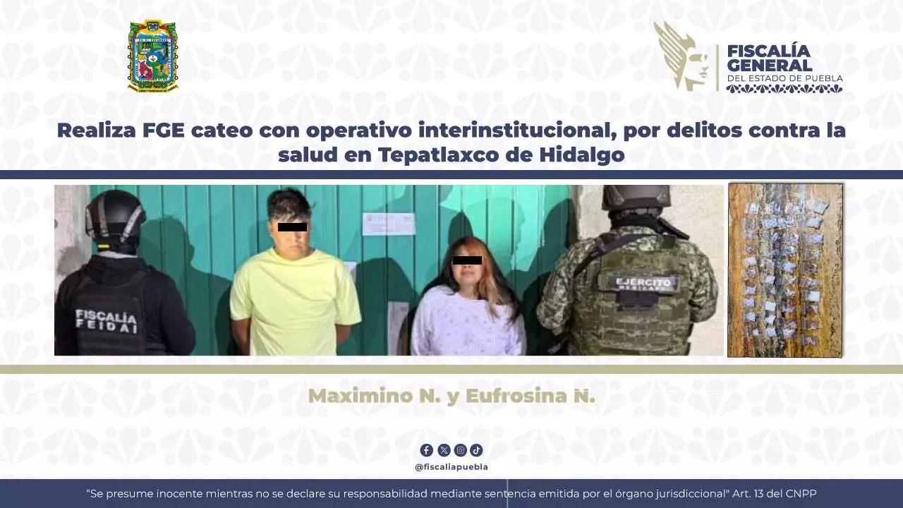 FGE desarticula punto de venta de droga en Tepatlaxco de Hidalgo; dos detenidos