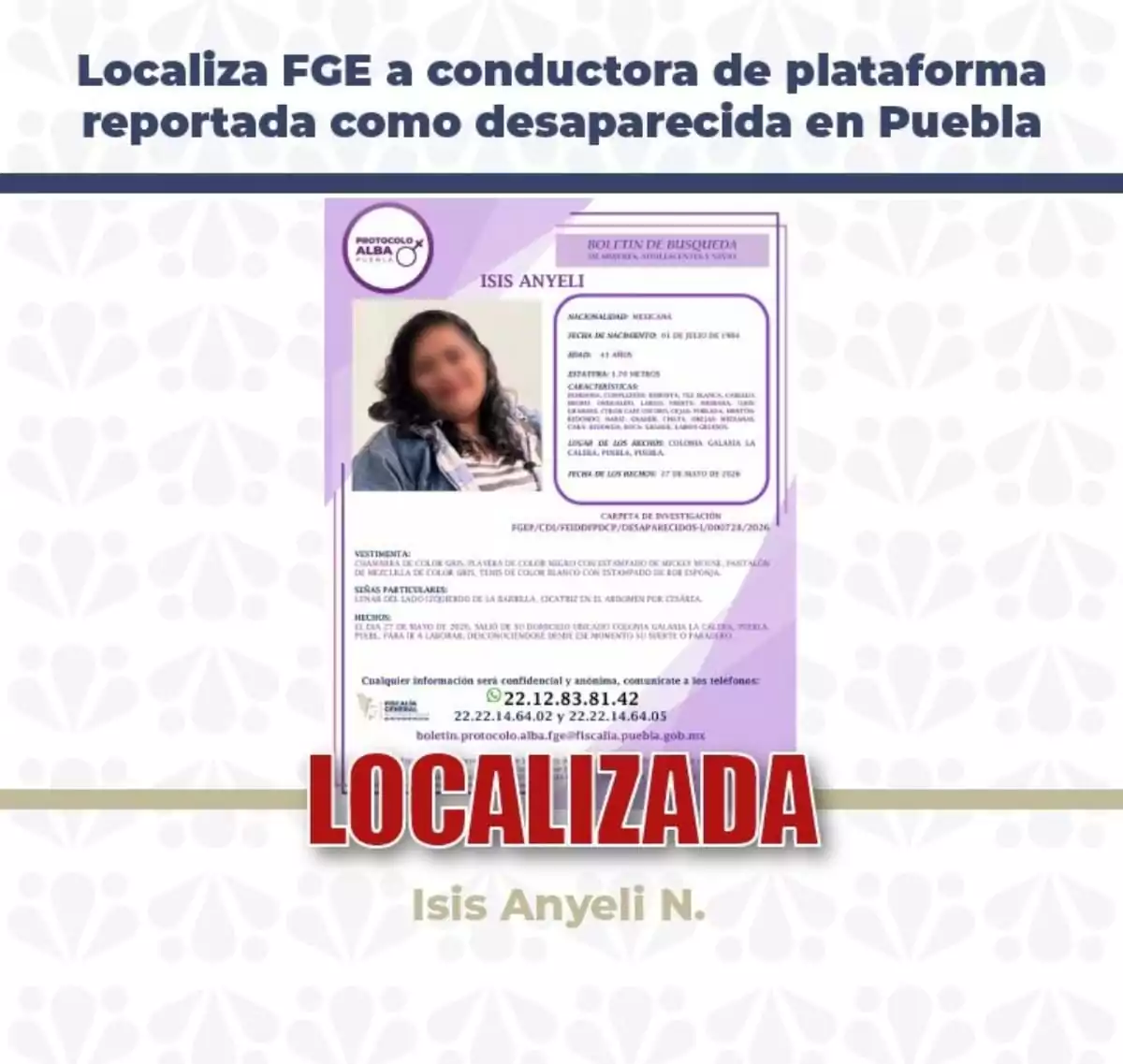 FGE localiza con vida a conductora de plataforma reportada como desaparecida en Puebla