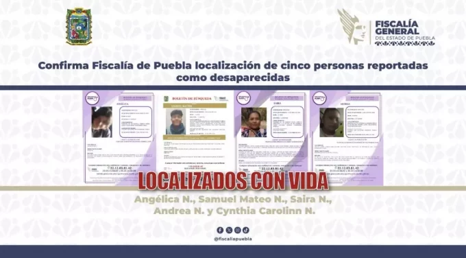 Confirma Fiscalía de Puebla localización de cinco personas reportadas como desaparecidas