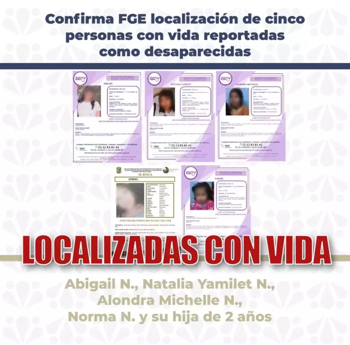 Confirma Fiscalía la localización con vida de cinco personas desaparecidas este fin de semana