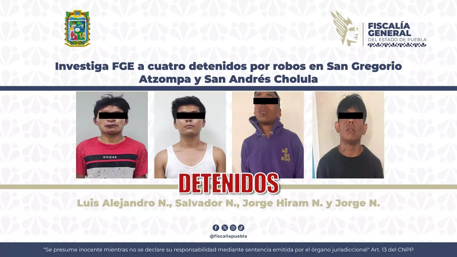 Procesa FGE a cuatro detenidos por robos violentos en Atzompa y San Andrés Cholula