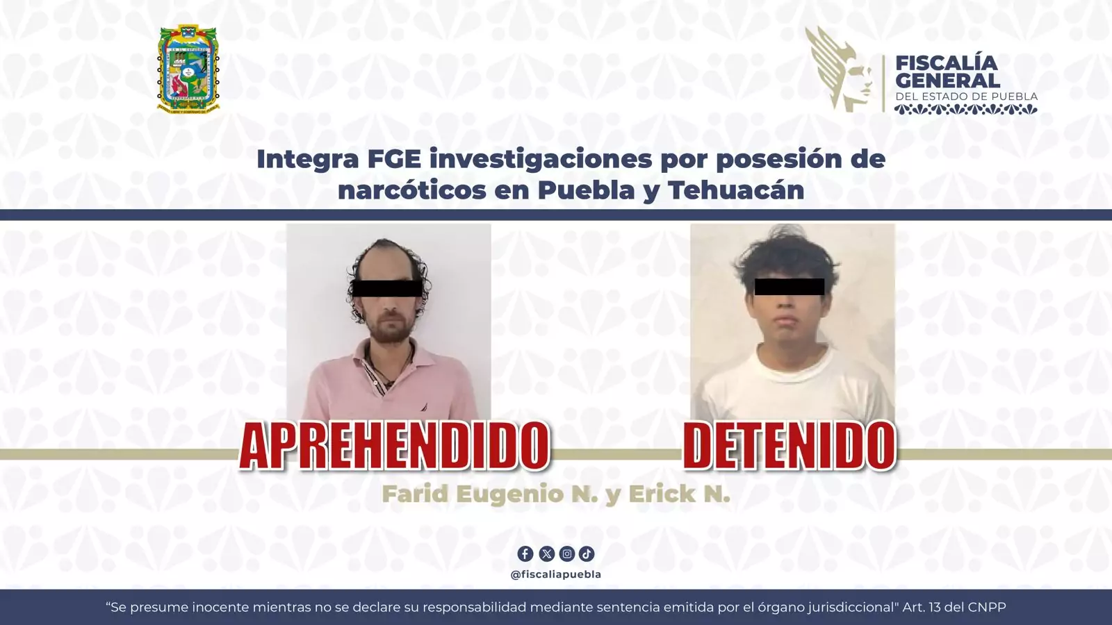 Detienen e investigan a dos hombres por posesión de narcóticos en Puebla y Tehuacán