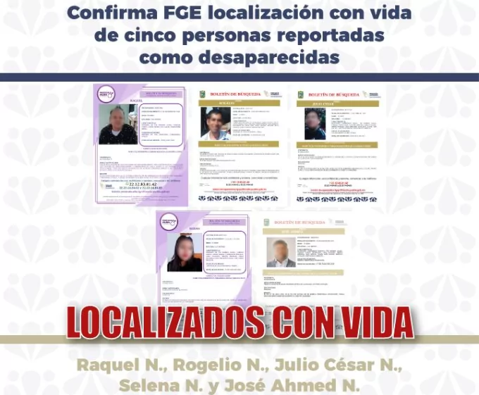 Confirma FGE localización con vida de cinco personas reportadas como desaparecidas