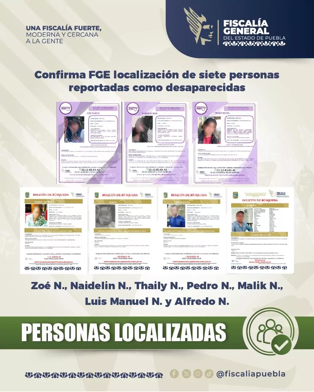 FGE localiza a siete personas reportadas como desaparecidas en Puebla