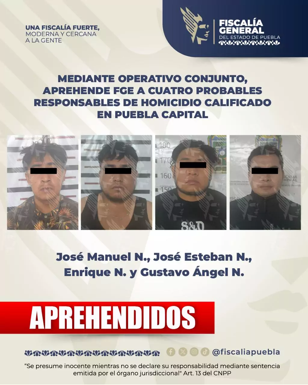 Caen cuatro presuntos responsables de homicidio calificado en Puebla; golpearon y estrangularon a la víctima