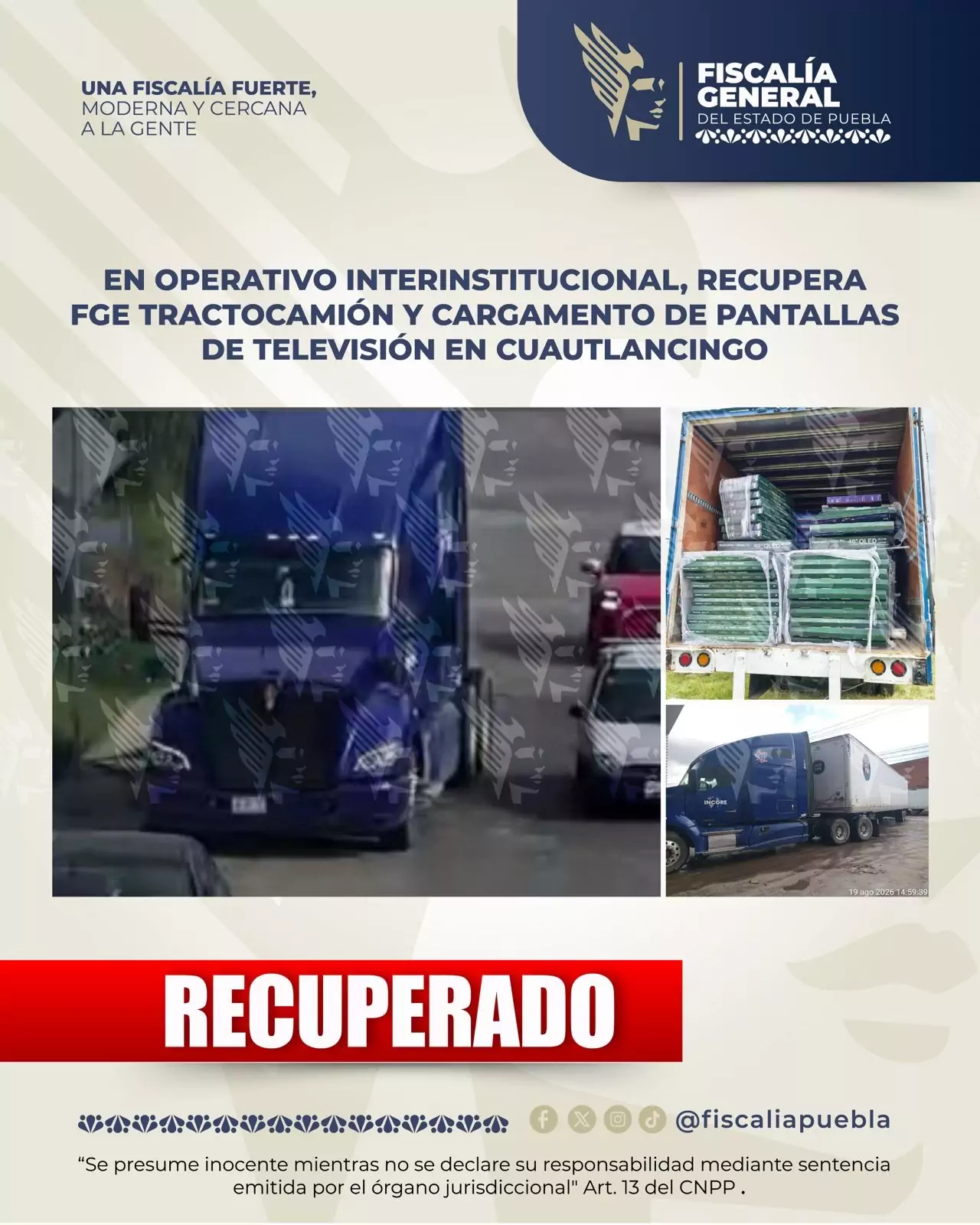 Recuperan en Cuautlancingo tractocamión robado y cargamento de pantallas y electrodomésticos