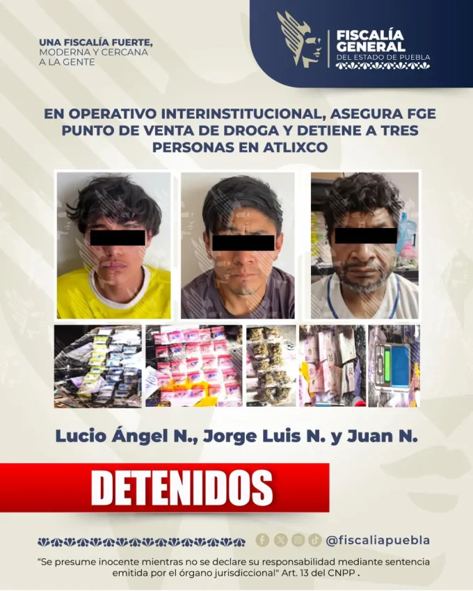 Cateo en Atlixco deja tres detenidos y un punto de droga asegurado
