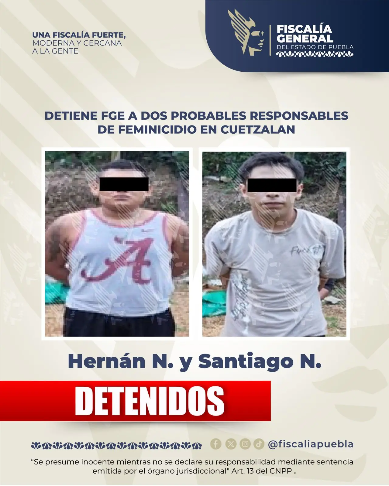 FGE detiene a dos hombres por el presunto feminicidio de dos mujeres en Cuetzalan