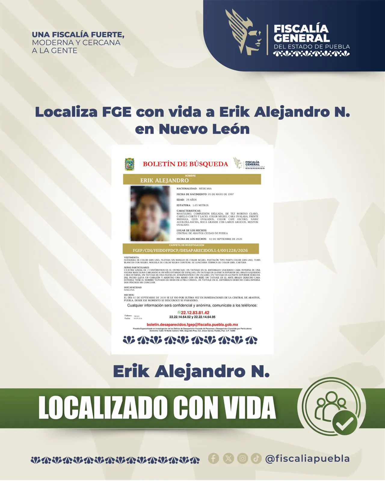 Tras 16 días de búsqueda, localizan con vida a Erik Alejandro en Monterrey