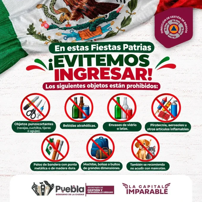 Gobierno de Puebla restringe acceso al Zócalo: estos objetos no estarán permitidos durante el Grito de Independencia