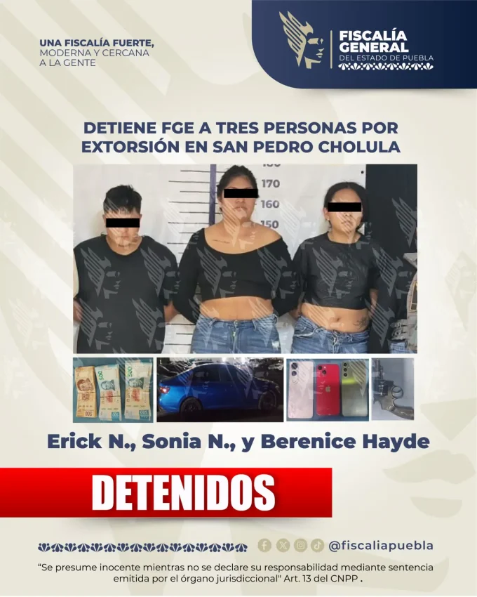 Caen tres presuntos extorsionadores tras secuestro y cobro de rescate en San Pedro Cholula