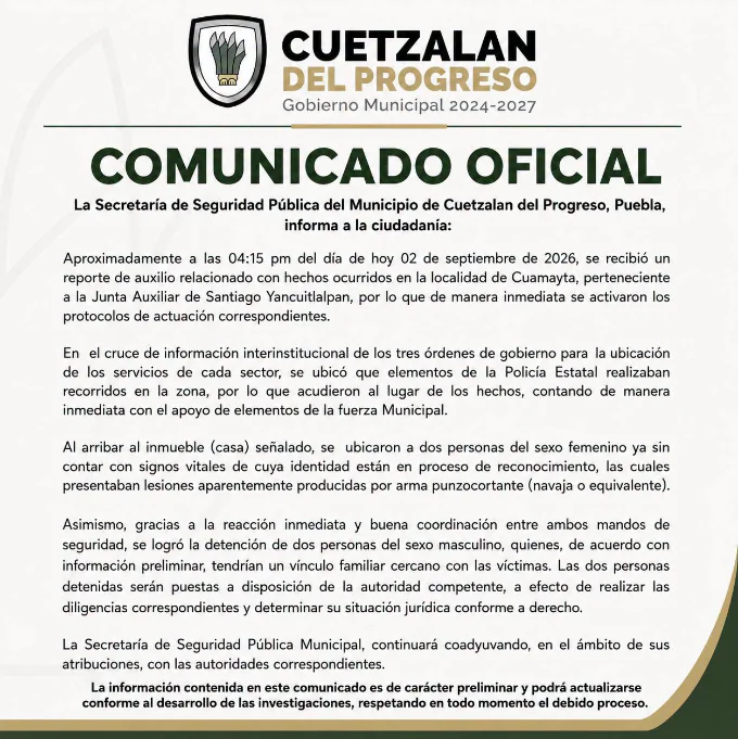 Matan a dos mujeres con arma blanca en Cuetzalan; detienen a dos familiares