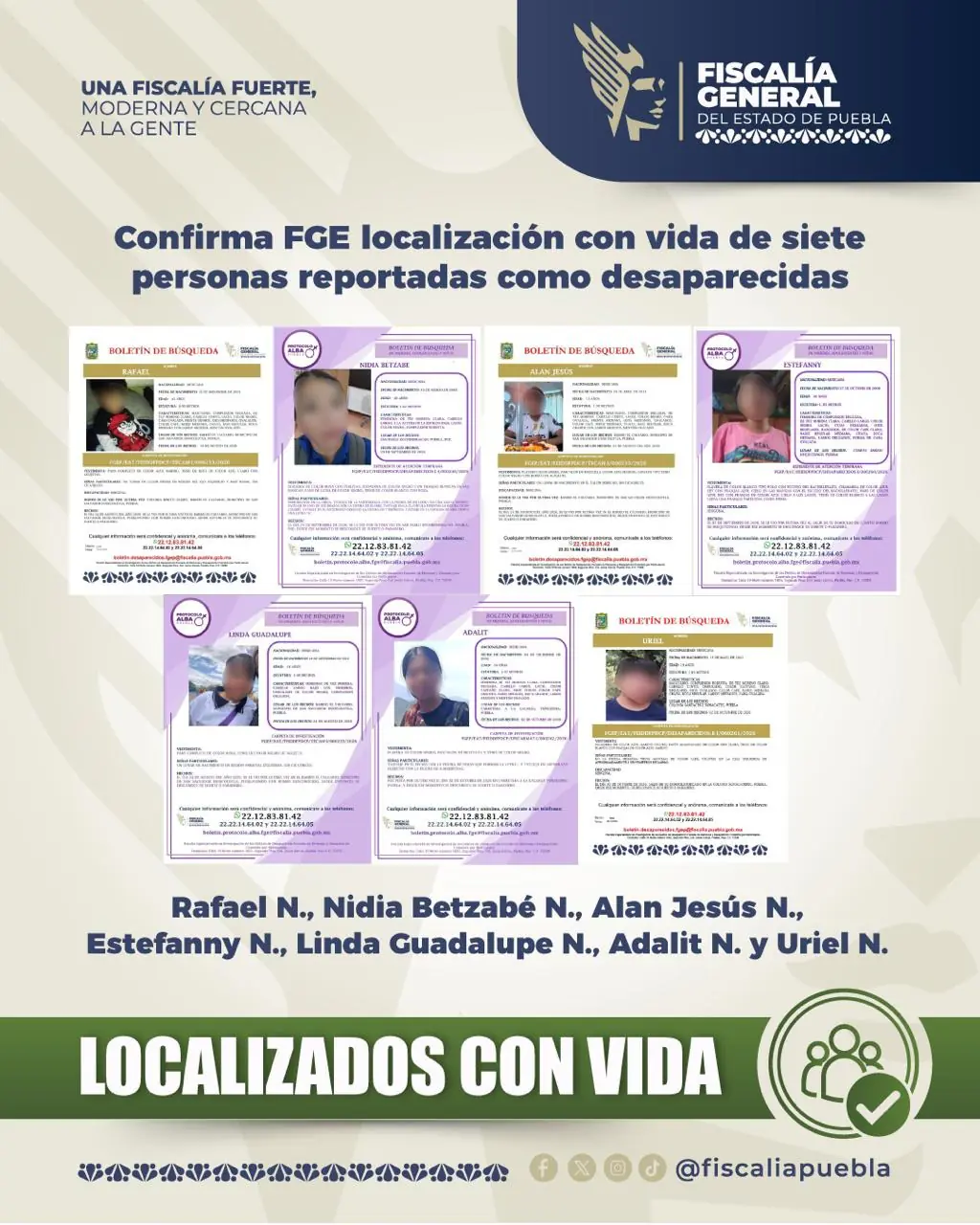 FGE confirma localización con vida de siete personas reportadas como desaparecidas en Puebla