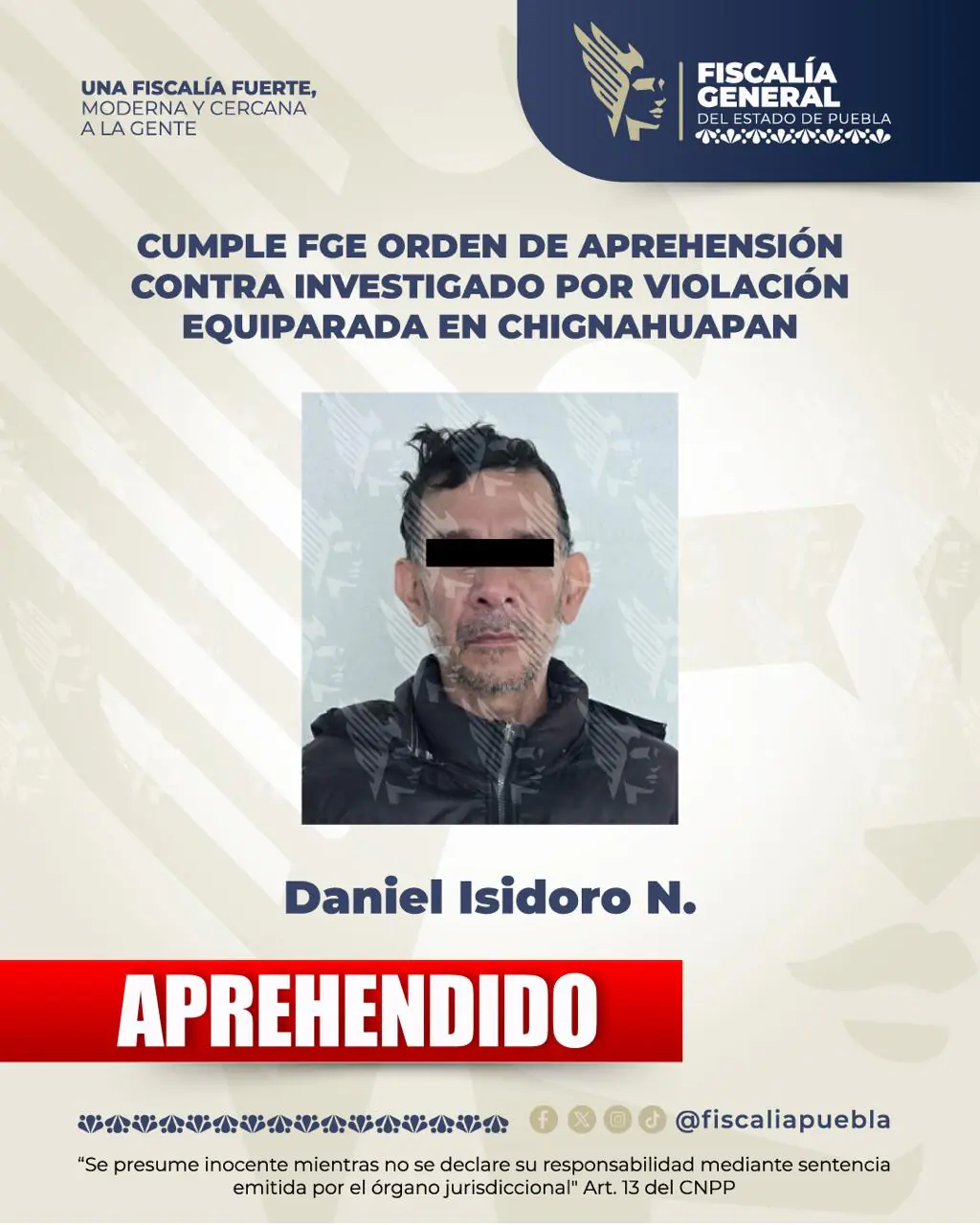 Detienen en Chignahuapan a hombre acusado de violación equiparada contra una niña de 11 años